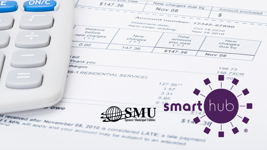 Calculator on bill sample with Smart Hub logo and SMU logo
